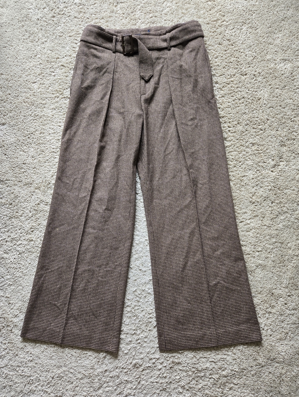 Polo Ralph Lauren Wool Blend Wide Leg Pants Womens 14 Brown Houdstooth Belted